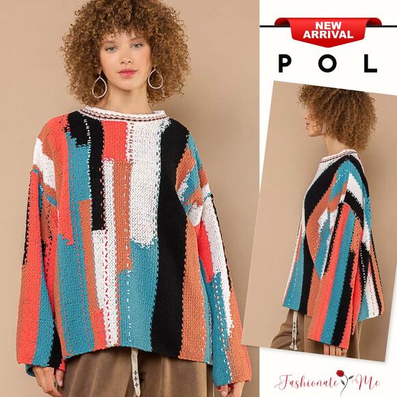 POL Geometric Color Block Design Round Neckline Oversized Sweater | Red/Ivory - Picture 1 of 9